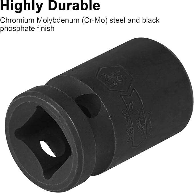JETECH 1/2 Inch Drive 16mm Standard Impact Socket, Chrome Molybdenum Alloy Steel, 6-Point Design, Metric