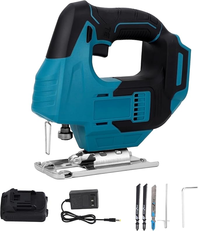 20V Brshless Cordless Jig Saw,Cordless Jig Saw Kit Varible Speed with LED Light, 55mm Cutting Thickness, Brushless Motor, Blue Color, Battery Charger for Metal Cutting