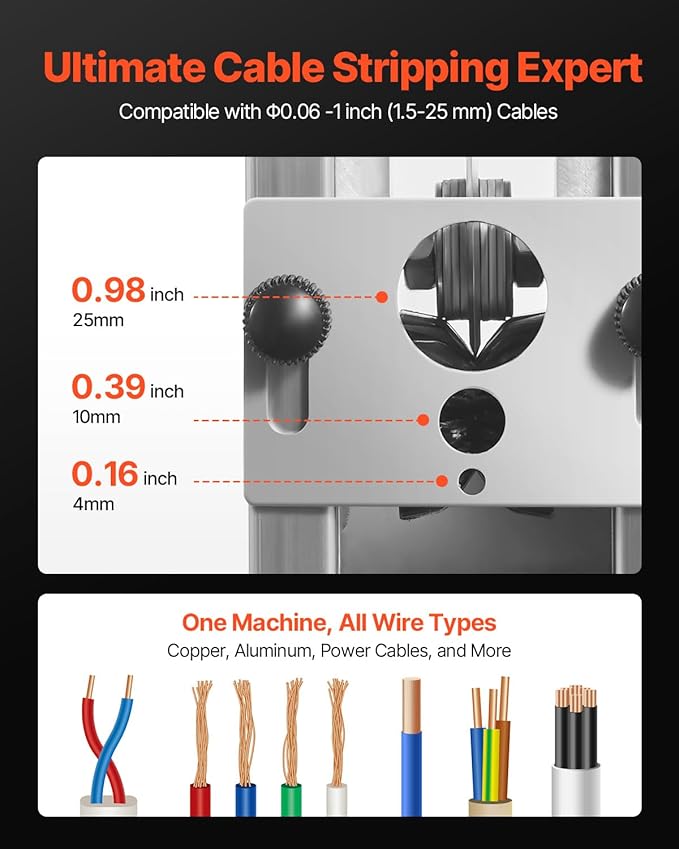 VEVOR Manual Wire Stripping Machine, 0.06-1 in, Copper Stripper with Hand Crank or Drill Powered, 64Mn Quenched Blades, 45# Steel Rollers, Aluminum Alloy Frame Wire Peeler, for Scrap Copper Recycling