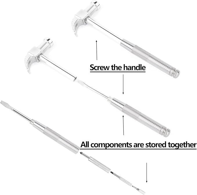 6-in-1 Multi-Purpose Hammer & Screwdriver Tool with Non-Slip Handle Slotted/Flat Head Phillips Screwdriver Mini Hammer for Opening Walnut, Home & Watchmaker Repair Tools (argent)