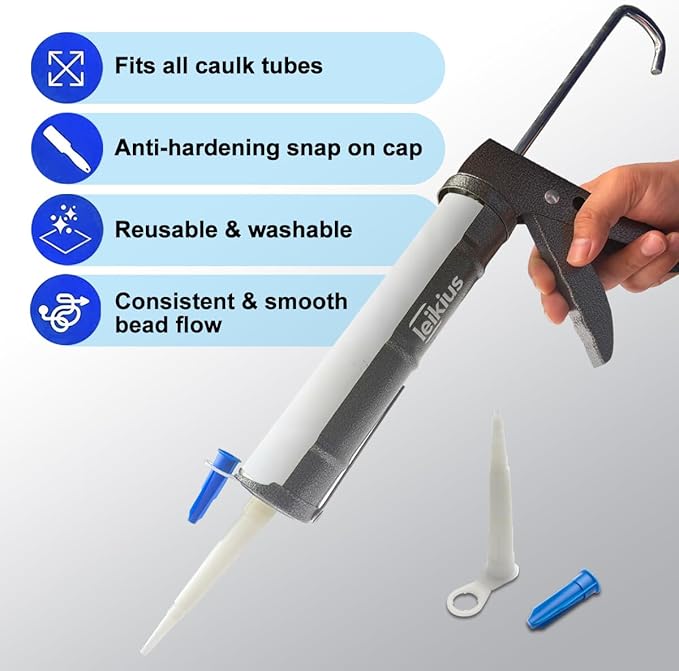Caulk Gun,No-drip Silicone Caulking Gun, Caulking Tools Grout Scraper&Putty Knife For Kitchen Bathroom Sink Joint,With Gift Box Works 10 OZ Tubes Black-siliver