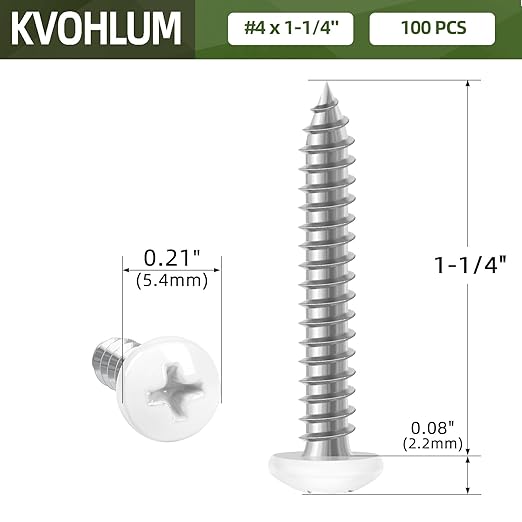 100 PCS #4 x 1-1/4" White Head Sheet Metal Screws, Pan Head Phillips Fast Self Tapping Screws, Round Head Wood Screws, Screwdriver Bit Included