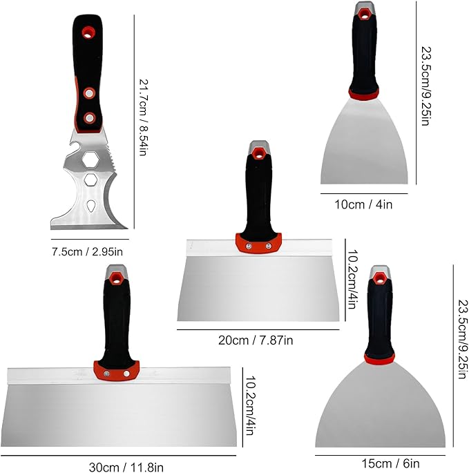 5 Pack Drywall Knife Set, Includes 8??& 12??Taping Knives, 4" & 6" Putty Knives and 3??Multifunctional Paint Scraper, Perfect Hand Tools for Drywall Joint Taping, Finishing and Patching