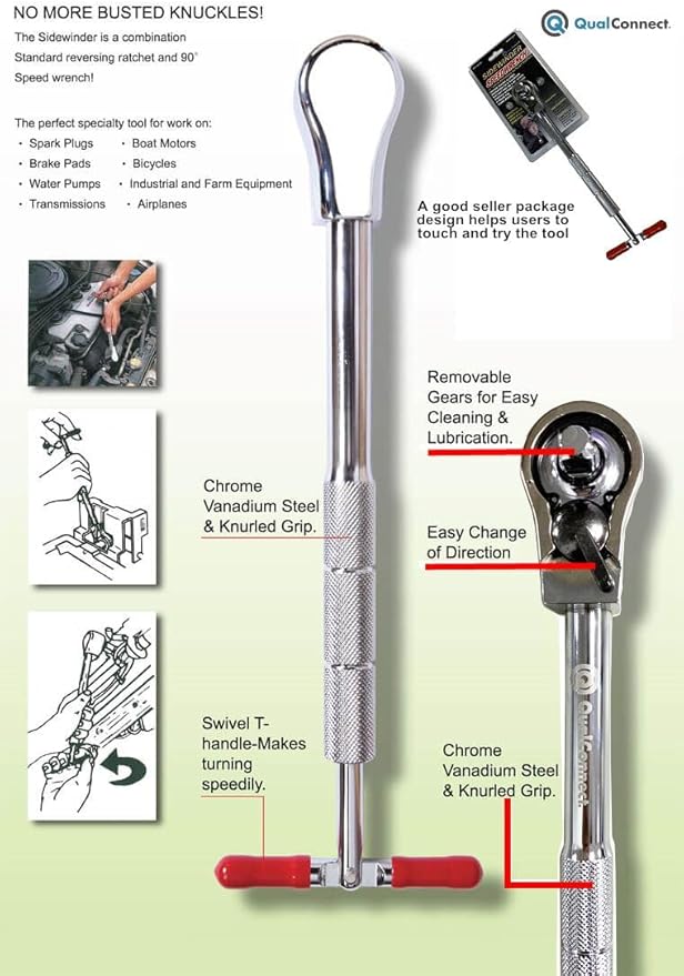 Sidewinder QUALCONNECT® Professional 3/8 inch Drive Reversing Ratchet Speedy Wrench w/Knurled Handle w/U.S. patent no.4907476