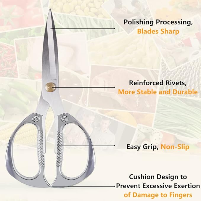 Newness Kitchen Shears, Stainless Steel Duty Kitchen Shears for Chicken, Beefs, Poultry, Fish, Meat, Vegetables, Stainless Steel Scissors with Non-Slip Easy Grip Handles for House Daily Use