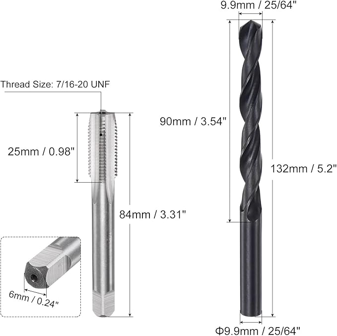 uxcell Tap and Drill Bit Set, 7/16-20 UNF Thread Tap & 25/64" Black Oxide Twist Drill Bit, Straight Flute Tap Tapping Threading Repair Tool Kit