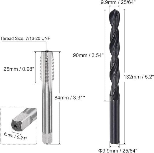 uxcell Tap and Drill Bit Set, 7/16-20 UNF Thread Tap & 25/64" Black Oxide Twist Drill Bit, Straight Flute Tap Tapping Threading Repair Tool Kit