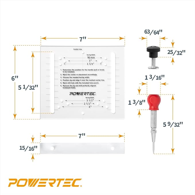 POWERTEC Cabinet Hardware Jig w/Center Punch, Drawer Jig for Installing Pulls, Knobs, Handle on Cabinet and Drawer, Woodworking Tools for Cabinet Handles, Drawer & Cabinet Pulls Installation (71412)