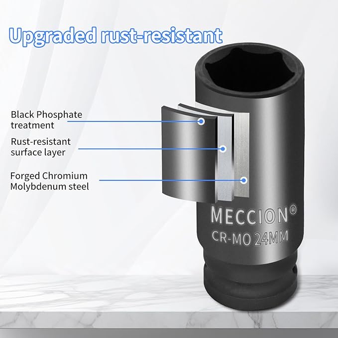 Meccion 1/2 Inch Drive Impact Socket 7/8 inch SAE, 6 Point Cr-Mo Deep Impact Socket, 78mm Length