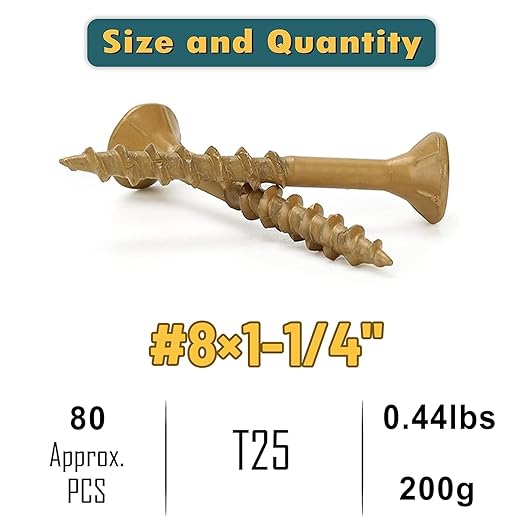 WELLOCKS Deck Screws, Wood Screws, Tan, Superior Rust Resistant, Epoxy Coated, Above 1000 Hour Salt Spray Coating T25 Torx Star Bit Included for Outdoor Wood Fence (Trial Size 0.44LBS, #8횞1-1/4")