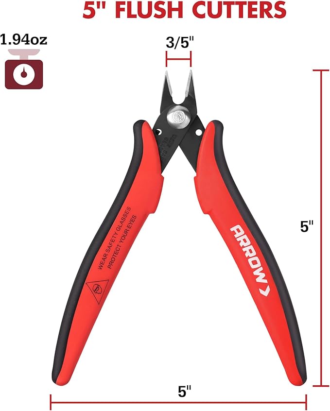 ARROW Micro Wire Cutters, 5" Precision Flush Cutters with Streamlined Handle and Ultra-Sharp Cutting Edge, Side & Diagonal Flush Cut Pliers for Electronics, Jewelry, Crafts, Zip Ties and Soft Wires