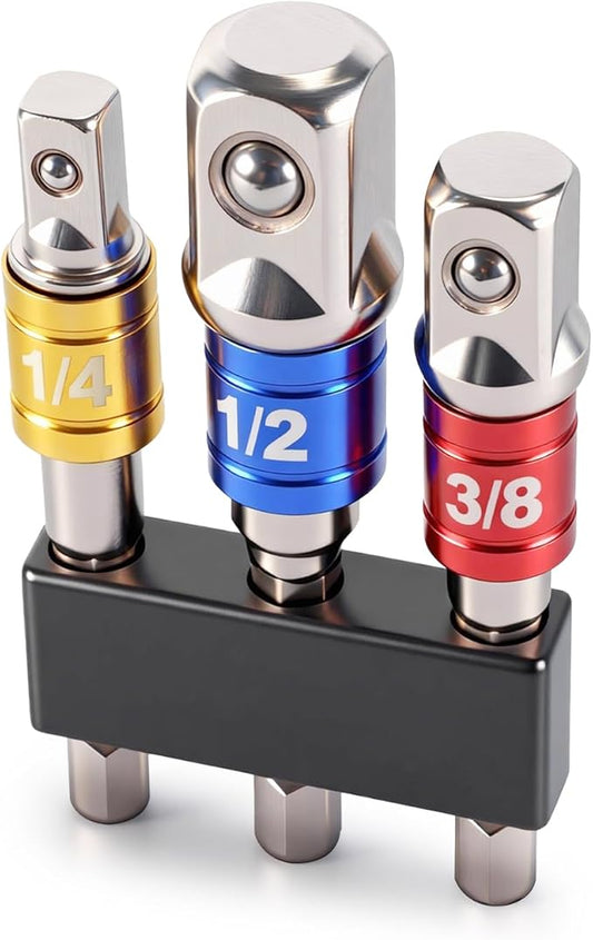3PCS Hex Shank to Square Heavy Duty Socket Adapter Set, Impact Grade Drill Socket Adapter (1/4", 3/8", 1/2"), Anti-Slip Detent Ball, drill Attachments for Power Drill & Impact Driver