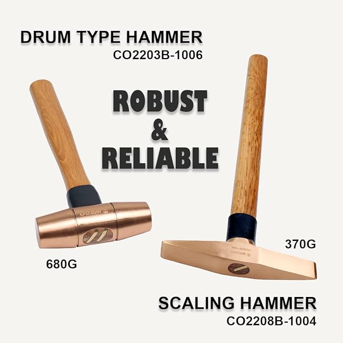 WEDO Copper Hammer Set 5PCS Sledge Hammer (3lb) Drum Type Hammer (1-1/2lb) Ball Peen Hammer (1lb&2lb) Scaling Hammer (300g), Long Straight Wooden Handle, Copper Head