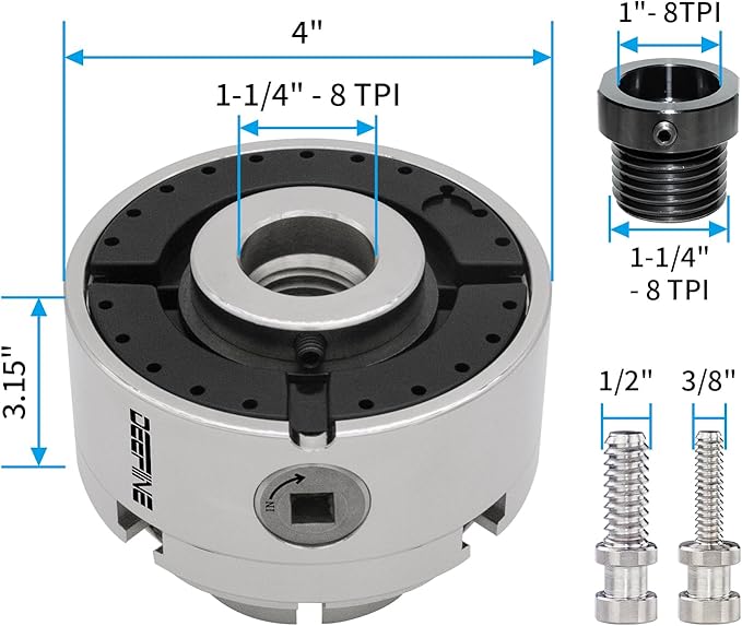 4 Inch Wood Lathe Chuck Set 1-1/4“x 8tpi Thread and 1"x8tpi Adapter, Nickel Plated Self Centering 4 Jaw Wood Turning Chuck set(5 jaws)…