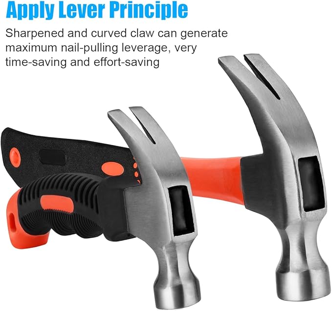 2 Piece Hammer Set,includes 1 Pack 8 OZ Mini Stubby Claw Hammer and 1 Pack 16 OZ Fiberglass General Purpose Claw Hammer,Soft Nonslip Handle & Heat Treated Head,Heavier for Higher Hardness