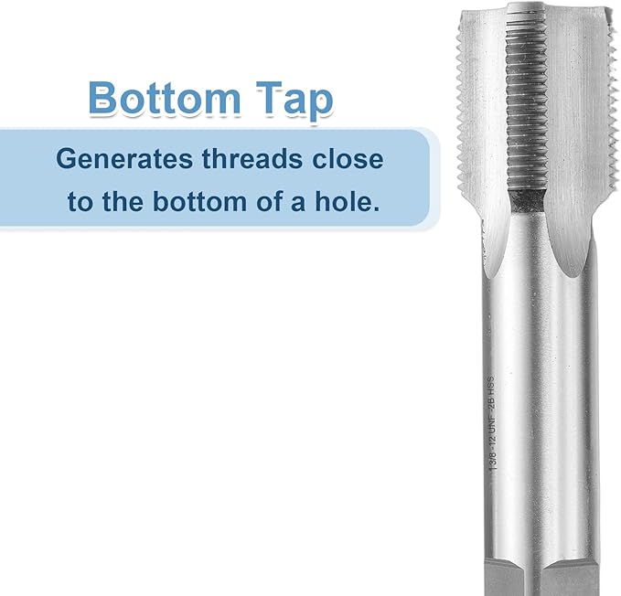 uxcell Hand Bottom Tap 1-3/8-12 UNF 2B Thread Bottoming Style Threading Taps High Speed Steel HSS6542 Straight Flutes Screw Tapping Tool