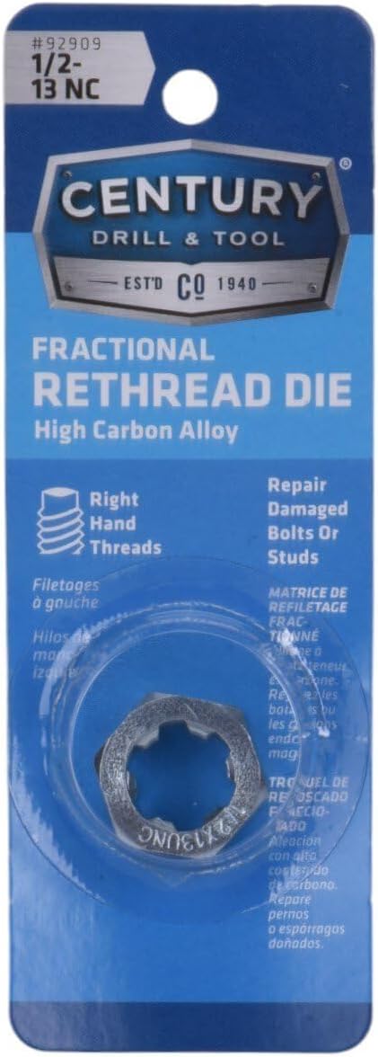 Century Drill & Tool 92909, 1/2-13 NC, National Coarse Fractional Right Hand Rethreading Die, High Carbon Steel, Fix Damaged Bolts or Studs