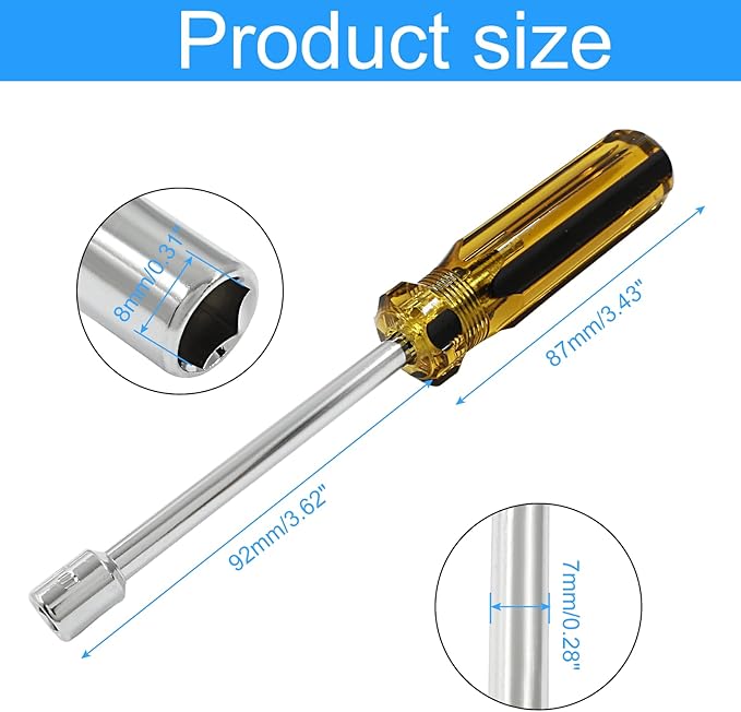 Biaungdo 8mm Socket Wrench Screwdriver, Hex Socket Wrench High-Carbon Steel Hexagon Nut Driver Non-Magnetic Tip Hex Nut Screwdriver Hand Tool for Repairs(Plastic Handle)