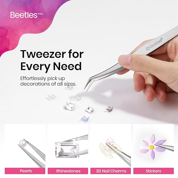 Beetles Pro Sticker Tweezers - Dual Ended Nail Art Tweezer, Curved Tip Pick Up Pearls Rhinestones, Silicone Tip Press Stickers Nail Art Tool Ultra Precision Stainless Steel Nippers