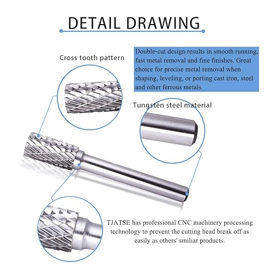 TJATSE Professional 8-Piece Double Cut Carbide Rotary Burr Set 1/4" Shank with Tool Carry Case, for Die Grinder Drill, Metal Wood Carving, Engraving, Polishing, Drilling