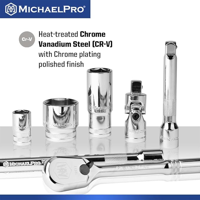 MichaelPro 57-Piece 1/2'' Drive Socket Set, 90-Tooth Standard & Deep Sockets, SAE 3/8''- 1-1/4'' & Metric 10-32mm, with Extension Bars, Sliding T-Bar, Universal Joint ??CR-V Steel | MP005061