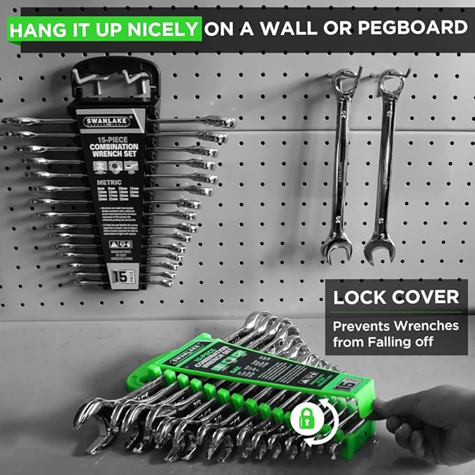 SWANLAKE GARDEN TOOLS 15-Piece SAE Wrench Set, V Notch Premium Combination Wrenchs Set, SAE 1/4" to 1", Max Torque, 12-Point, Chrome Vanadium Steel, with Storage Rack