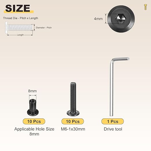 METALLIXITY Furniture Crib Screws Replacement Set with Wrench(M6-1x30mm) 20Pcs, Connector Bolts M6 Screw Barrel Nuts Binding Screws, for Chair Cabinet Bed, Black