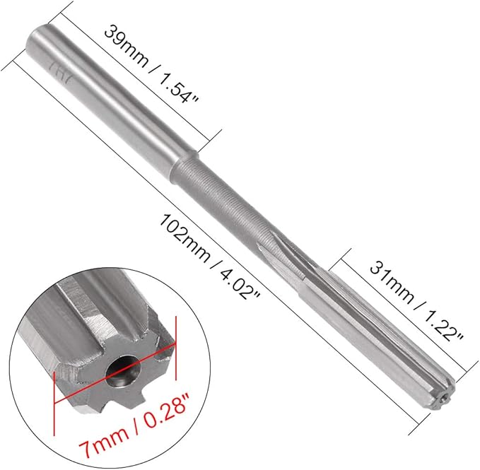 uxcell Chucking Reamer 7mm, H7 HSS Lathe Machine Reamer 6 Straight Flutes, Round Shank Milling Cutting Tool, Metric Reaming Drill Bit for Stainless Steel Metal Hole