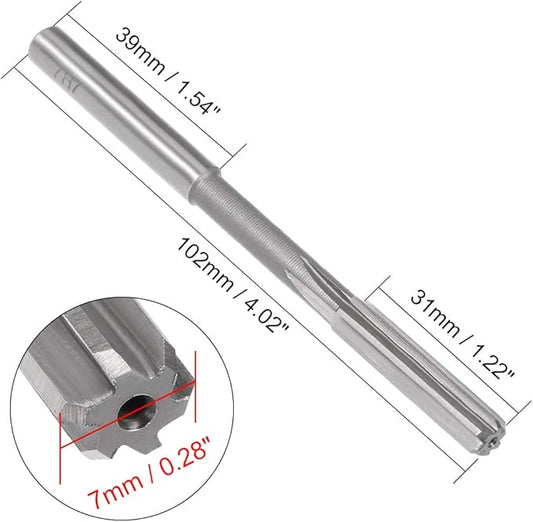 uxcell Chucking Reamer 7mm, H7 HSS Lathe Machine Reamer 6 Straight Flutes, Round Shank Milling Cutting Tool, Metric Reaming Drill Bit for Stainless Steel Metal Hole
