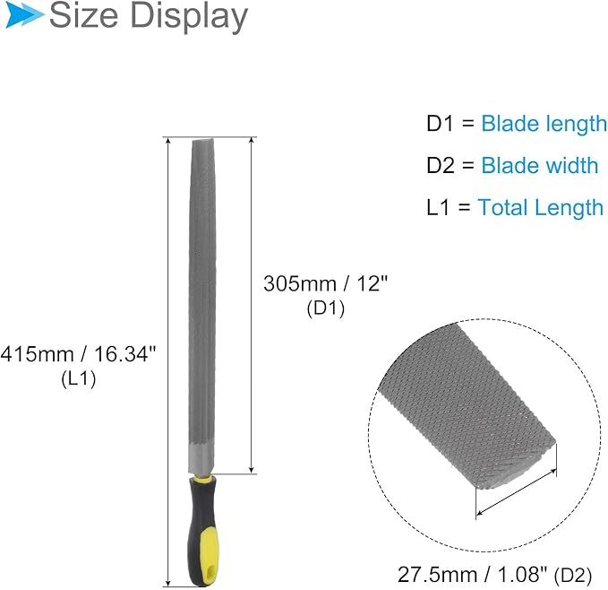 Metal Half-Round File, 12" Blade Length, High Carbon Hardened Steel Cut Mill Hand Rasp with Non-Slip Handle Yellow - (Applications: for Wood, Metal, Plastic)