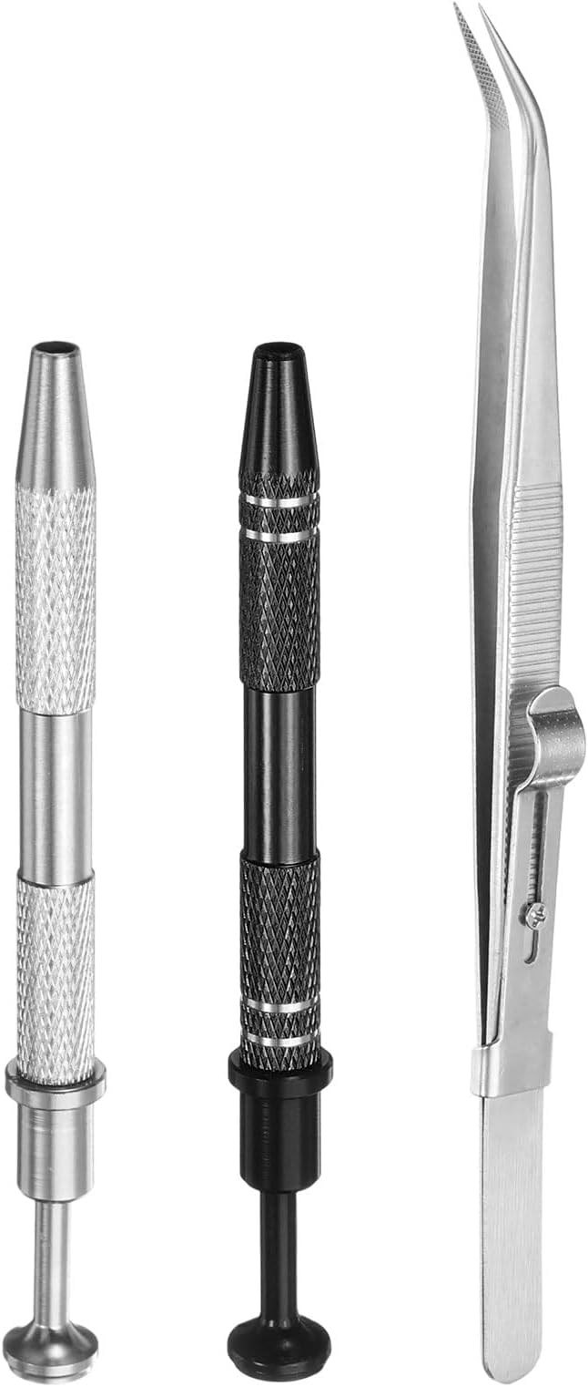 HARFINGTON 3pcs Diamond Tweezer Holder Pick Up Tool Set Stainless Steel 4 Claw Holder Elbow Head Jewelry Locking Tweezer for Tiny Objects Electronic Components, Silver/Black