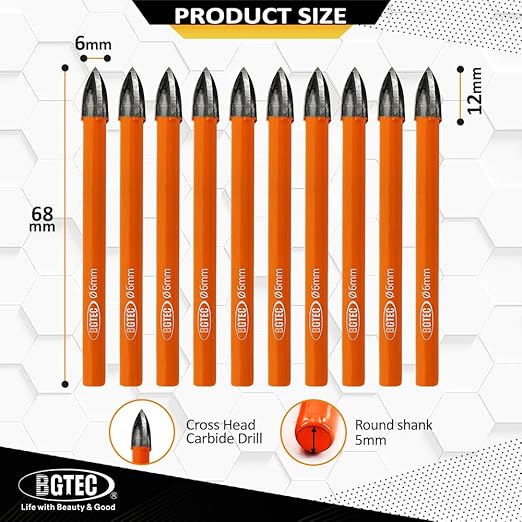 Carbide Tip Drill Bit-BGTEC Wood Drill Bits, 10pcs Round Shank 1/4" Cross Hard Alloy Drill Bits for Wood Plastic Masonry Brick