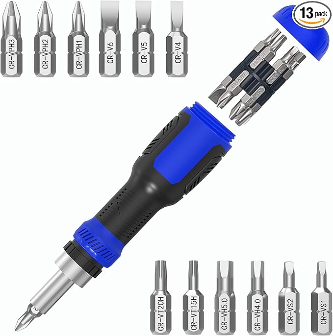 Ratcheting Screwdriver Bit Set, WOOPHEN 13-in-1 Multi Bit Ratchet Screw with Magnetic 1/4 Nut Driver Screwdriver, Suitable for Garage, Home, Workplace and DIY Repair (Blue)