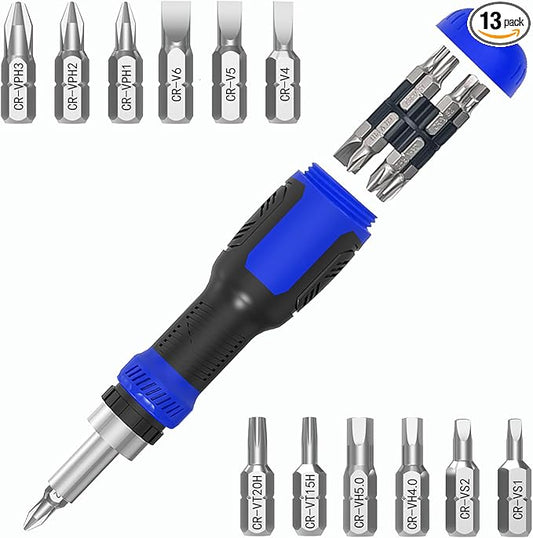 Ratcheting Screwdriver Bit Set, WOOPHEN 13-in-1 Multi Bit Ratchet Screw with Magnetic 1/4 Nut Driver Screwdriver, Suitable for Garage, Home, Workplace and DIY Repair (Blue)