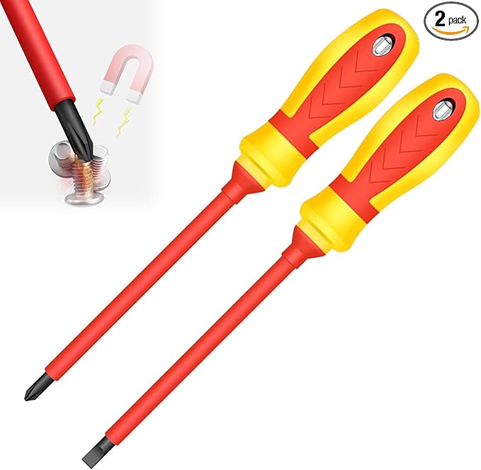 2Pcs Magnetic Screwdrivers Set Phillips and Flat Screwdriver, 1000v Insulated Screwdrivers 4 Inch Multi-purpose Cross Slot Screwdriver Set Cushion Grip Handle for Electricians