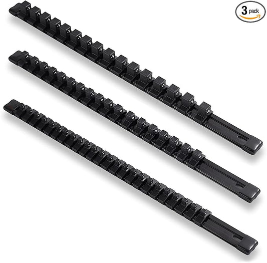 ALOANES 3-Piece Aluminum Alloy Socket Organizer, Heavy Duty Socket Racks, Socket Holder Kit for Toolbox Drawer Fit 1/2, 3/8, 1/4-Inch Socket Holder x 58 Clips (Black)