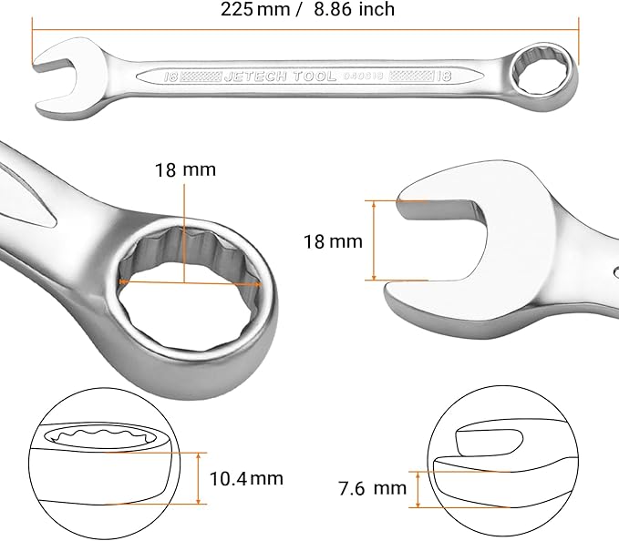 Jetech 18mm Combination Wrench, Industrial Grade, Chrome Vanadium Steel, Sand Blasted Finish, Forged, Heat-Treated, Metric
