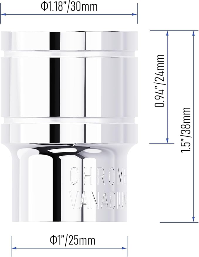 22mm Shallow Socket, 1/2 Inch Drive, 6-Point, Metric, Heat Treated CR-V Steel Short Sockets, Full Polishing, 1.5 Inch Length