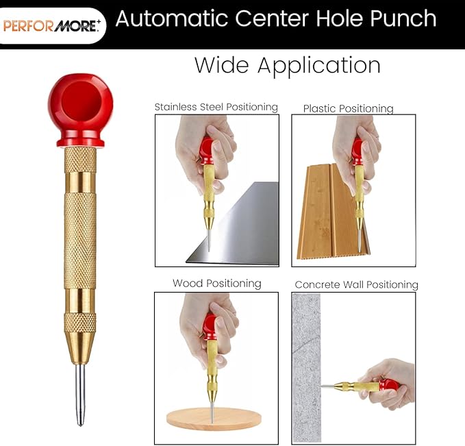 Performore Automatic Center Hole Punch With Hardened Steel, Includes Two Replacement Tips Adjustable Spring Metal Drill Tool with Cushion Cap, Hand Tool for Metal or Wood Glass Window