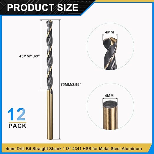 PATIKIL 4mm Drill Bit, Jobber Straight Shank 4341 High-Speed Steel 118째 Black and Gold Finish for Medium-Hard Metal Steel Acrylic - 12 Pack
