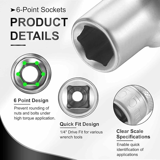 HARFINGTON 6 Points Deep Socket 1/4" Drive 5.5mm Deep Metric CR-V Steel Polished Nickel Plating Flip Sleeve 25mm / 1" Extra Long Socket Tool for Home Auto Nuts Bolts Repair