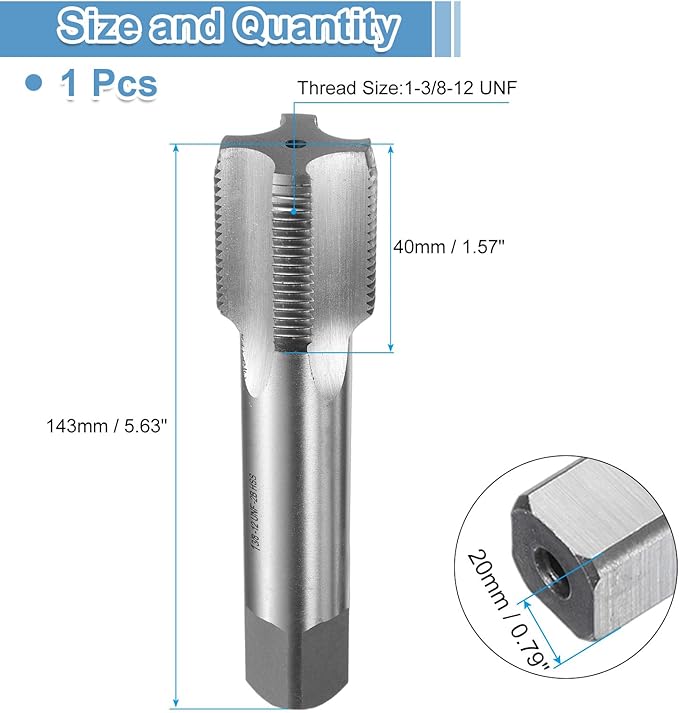 uxcell Hand Bottom Tap 1-3/8-12 UNF 2B Thread Bottoming Style Threading Taps High Speed Steel HSS6542 Straight Flutes Screw Tapping Tool