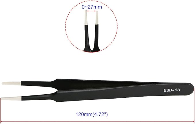 Aoje-Link ESD-13 Professional Anti-Static Precision Technology Tweezers, Non-magnetic Flat and Round, Stainless Steel Plastic Coated, Full Length 120mm, Black, 2pcs