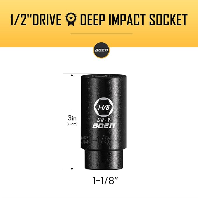 BOEN 1/2" Drive Deep Impact Socket,1-1/8 Inch Premium Socket,SAE,6 Point,Cr-V Steel with Laser Marking - Strong and Durable