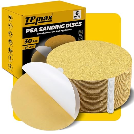6-Inch 60-Grit Gold PSA Sanding Discs, 30 Pack ??Pro-Grade Self-Adhesive Stickyback Sandpaper with Quick-Release Tabs for DA Sander, Coarse Automotive/Wood/Metal Sanding