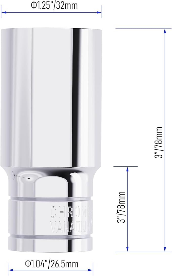 24mm(15/16-Inch) Deep Socket, 1/2 Inch Drive, 6-Point, Metric, Heat Treated CR-V Steel Sockets, Full Polishing, 3.1 Inch Length