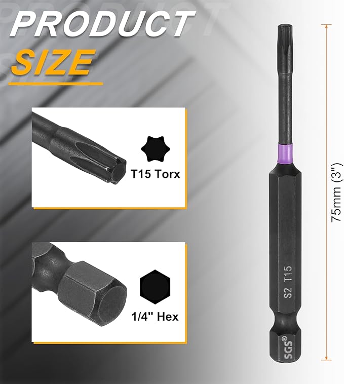 HARFINGTON 5pcs T15 Torx Head Impact Screwdriver Bits 1/4" Hex Shank 3" (75mm) Long Magnetic No Hole Tamper Proof 6 Point Star Screw Driver Drill Bits Phosphate S2 Steel Power Tools
