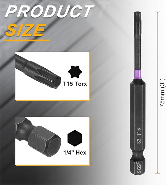 HARFINGTON 5pcs T15 Torx Head Impact Screwdriver Bits 1/4" Hex Shank 3" (75mm) Long Magnetic No Hole Tamper Proof 6 Point Star Screw Driver Drill Bits Phosphate S2 Steel Power Tools