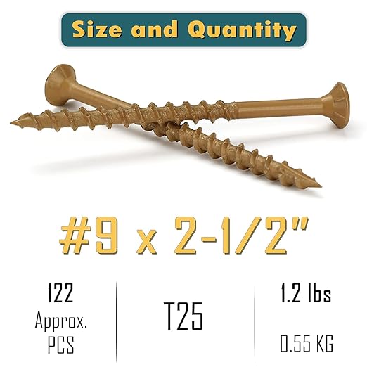 WELLOCKS Deck Screws, Wood Screws, Tan, Superior Rust Resistant, Epoxy Coated, Above 1000 Hour Salt Spray Coating T25 Torx Star Bit Included for Outdoor Wood Fence (5.2LBS Tan, #9횞2-1/2")