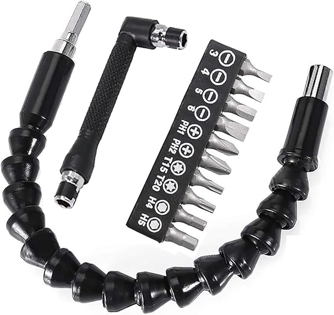 Flexible Drill Bit Extension, Bendable Drill Extension11.6inch, Manual 90째 Right Angle, 1/4 Flexible Extension for Drill, Adaptor Hex Flexible Screwdriver Extension Black (12PCS)